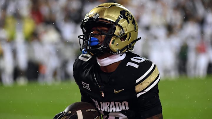 Sep 21, 2024; Boulder, Colorado, USA; Colorado Buffaloes wide receiver LaJohntay Wester (10) celebrates after catching a pass to tie the game in the final seconds of the game against the Baylor Bears at Folsom Field. 