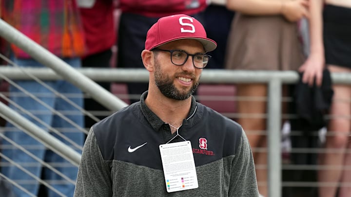 Stanford Cardinal and NFL former quarterback Andrew Luck stands on the sidelines during the second quarter against the Oregon Ducks at Stanford Stadium.