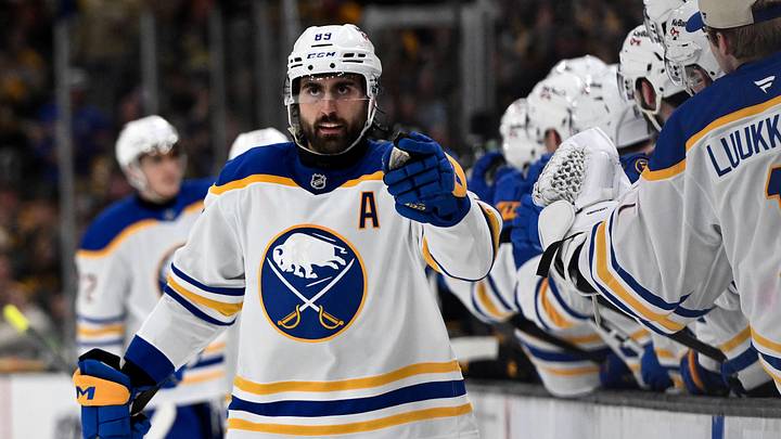 Apr 23, 2026; Boston, Massachusetts, USA; Buffalo Sabres right wing Alex Tuch (89) reacts after scoring a goal against the Boston Bruins during the third period of game three of the first round of the 2026 Stanley Cup Playoffs at the TD Garden. Mandatory Credit: Brian Fluharty-Imagn Images