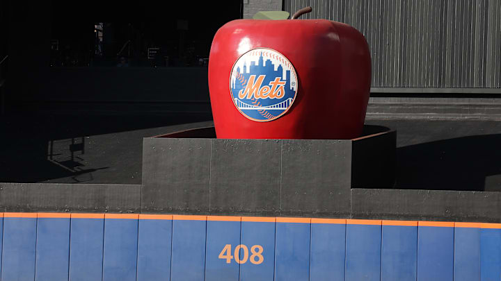 Oct 9, 2024; New York, New York, USA; A view of the big apple in center field before game four of the NLDS for the 2024 MLB Playoffs between the Philadelphia Phillies and New York Mets at Citi Field. Mandatory Credit: Brad Penner-Imagn Images