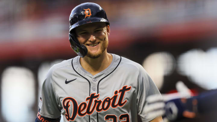 Jul 5, 2024; Cincinnati, Ohio, USA; Detroit Tigers outfielder Parker Meadows (22) reacts after hitting a solo home run in the third inning against the Cincinnati Reds at Great American Ball Park