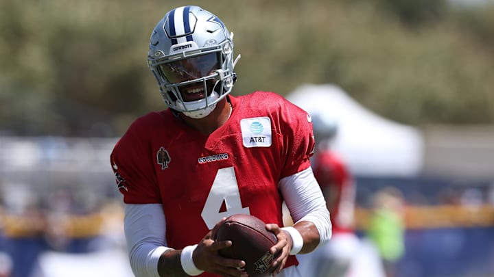 Jul 30, 2024; Oxnard, CA, USA; Dallas Cowboys quarterback Dak Prescott (4) during training camp at the River Ridge Playing Fields in Oxnard, California.