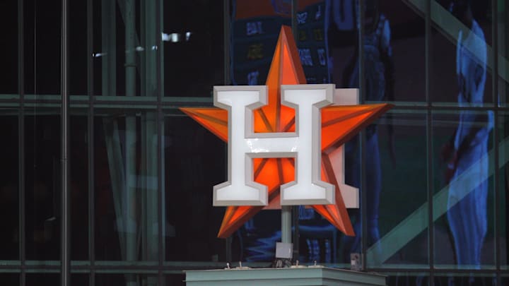 Oct 22, 2019; Houston, TX, USA; The Houston Astros logo is seen during the third inning of game one of the 2019 World Series against the Washington Nationals at Minute Maid Park. Oct 22, 2019; Houston, TX, USA; The Houston Astros logo is seen during the third inning of game one of the 2019 World Series against the Washington Nationals at Minute Maid Park.