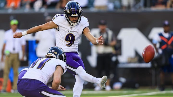Oct 6, 2024; Cincinnati, Ohio, USA; Baltimore Ravens kicker Justin Tucker (9) kicks a field goal against the Cincinnati Bengals in overtime at Paycor Stadium. Mandatory Credit: Katie Stratman-Imagn Images Oct 6, 2024; Cincinnati, Ohio, USA; Baltimore Ravens kicker Justin Tucker (9) kicks a field goal against the Cincinnati Bengals in overtime at Paycor Stadium. Mandatory Credit: Katie Stratman-Imagn Images