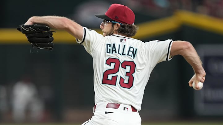 Mar 27, 2025; Phoenix, Arizona, USA; Arizona Diamondbacks pitcher Zac Gallen (23) pitches against the Chicago Cubs during the fourth inning at Chase Field. Mandatory Credit: Joe Camporeale-Imagn Images