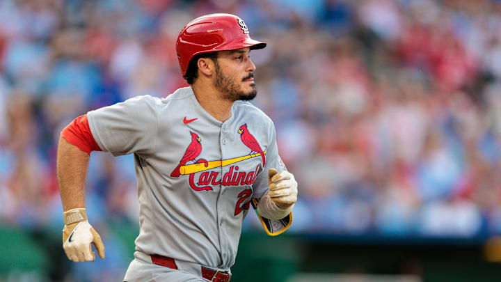 May 17, 2025; Kansas City, Missouri, USA; St. Louis Cardinals third base Nolan Arenado (28) runs to first base after a hit during the first inning against the Kansas City Royals at Kauffman Stadium. Mandatory Credit: William Purnell-Imagn Images