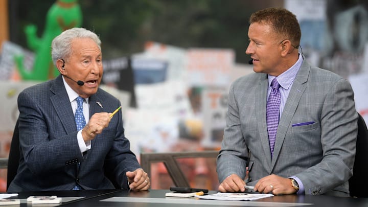 Lee Corso and Kirk Herbstreit host the ESPN College GameDay show. Lee Corso and Kirk Herbstreit host the ESPN College GameDay show.