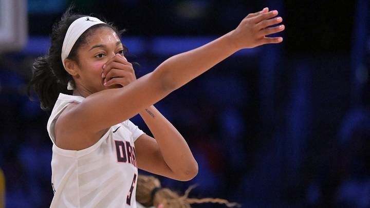Aug 20, 2026; Los Angeles, California, USA;  Atlanta Dream forward Angel Reese (5) reacts after a three-point basket in the first half against the Los Angeles Sparks at Crypto.com Arena. Mandatory Credit: Jayne Kamin-Oncea-Imagn Images