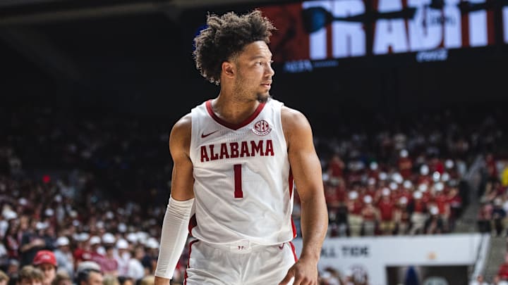 Feb 25, 2025; Tuscaloosa, Alabama, USA; Alabama Crimson Tide guard Mark Sears (1) during the first half against the Mississippi State Bulldogs at Coleman Coliseum. Mandatory Credit: Will McLelland-Imagn Images Feb 25, 2025; Tuscaloosa, Alabama, USA; Alabama Crimson Tide guard Mark Sears (1) during the first half against the Mississippi State Bulldogs at Coleman Coliseum. Mandatory Credit: Will McLelland-Imagn Images