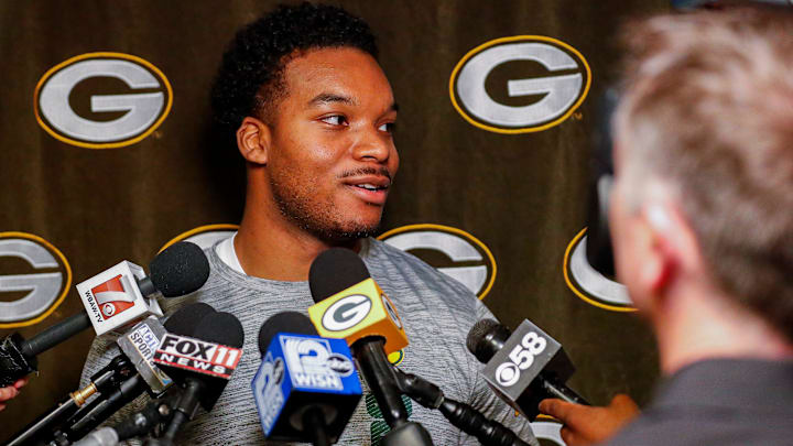 Green Bay Packers rookie linebacker Collin Oliver is interviewed by the media during rookie minicamp on Friday, May 2, 2025, at Lambeau Field in Green Bay, Wisconsin. The Packers selected Oliver with their fifth round pick in the 2025 NFL Draft.