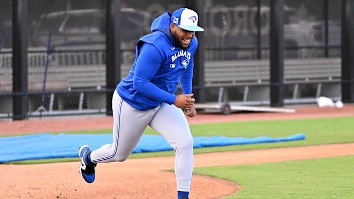 Feb 17, 2025; Dunedin, FL, USA; Toronto Blue Jays infielder Vladimir Guerrero Jr. (27) runs the bases during spring training at Cecil B. Englebert Complex. 