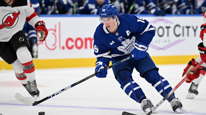 Toronto Maple Leafs Mitch Marner (16) skates against the New Jersey Devils. Mandatory Credit: Dan Hamilton-Imagn Images