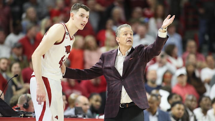 Arkansas Razorbacks head coach Calipari talks to forward Ivisic (44) during the second half against the Missouri Tigers at Bud Walton Arena.