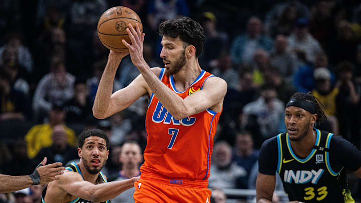 Apr 5, 2024; Indianapolis, Indiana, USA; Oklahoma City Thunder forward Chet Holmgren (7) looks to