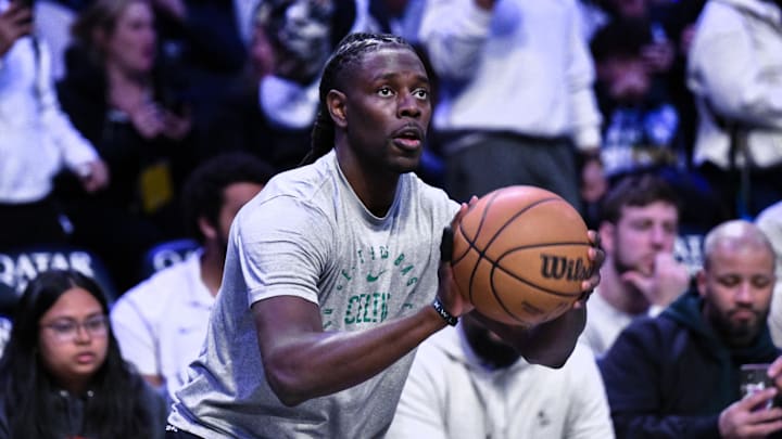 Mar 15, 2025; Brooklyn, New York, USA; Boston Celtics guard Jrue Holiday (4) warms up before a game against the Brooklyn Nets at Barclays Center. Mandatory Credit: John Jones-Imagn Images