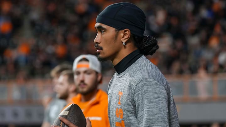 Tennessee quarterback Nico Iamaleava (8) during warm-ups ahead of Tennessee's game against Kentucky in Neyland Stadium on Saturday, Nov. 2, 2024.