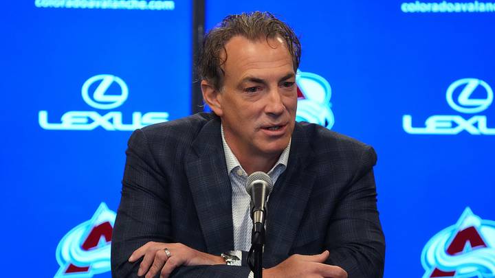 Feb 10, 2022; Denver, Colorado, USA; Colorado Avalanche general manager Joe Sakic speaks to the media before the game Boston Bruins at Ball Arena. Mandatory Credit: Ron Chenoy-USA TODAY Sports Feb 10, 2022; Denver, Colorado, USA; Colorado Avalanche general manager Joe Sakic speaks to the media before the game Boston Bruins at Ball Arena. Mandatory Credit: Ron Chenoy-USA TODAY Sports