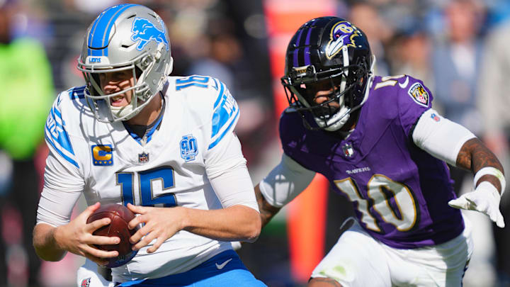 Oct 22, 2023; Baltimore, Maryland, USA; Baltimore Ravens cornerback Arthur Maulet (10) sacks Detroit Lions quarterback Jared Goff (16) in the first quarter at M&T Bank Stadium. Mandatory Credit: Mitch Stringer-Imagn Images