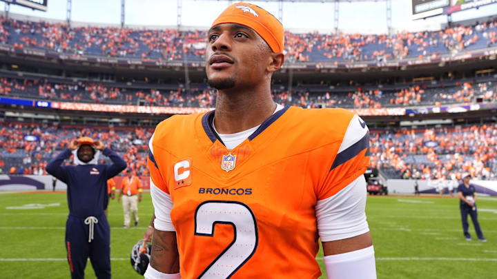 Sep 7, 2025; Denver, Colorado, USA; A detailed view of Denver Broncos cornerback Pat Surtain II (2) gold shield logo patch on his uniform after the game at Empower Field at Mile High. Sep 7, 2025; Denver, Colorado, USA; A detailed view of Denver Broncos cornerback Pat Surtain II (2) gold shield logo patch on his uniform after the game at Empower Field at Mile High.