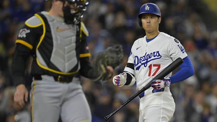 Apr 25, 2025; Los Angeles, California, USA;  Los Angeles Dodgers designated hitter Shohei Ohtani (17) at bat in the sixth against the Pittsburgh Pirates at Dodger Stadium. Mandatory Credit: Jayne Kamin-Oncea-Imagn Images