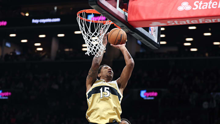 Apr 5, 2026; Brooklyn, New York, USA; Washington Wizards forward Julian Reese (15) goes to the basket against the Brooklyn Nets during the first quarter at Barclays Center. Mandatory Credit: Vincent Carchietta-Imagn Images