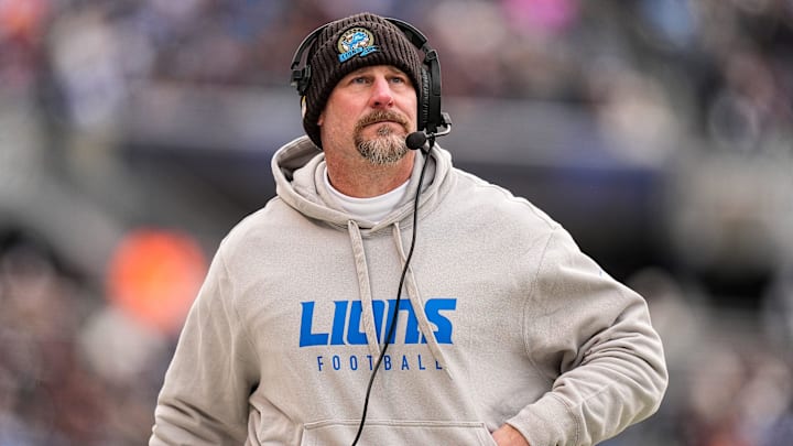 Detroit Lions head coach Campbell watches a play against Chicago Bears.