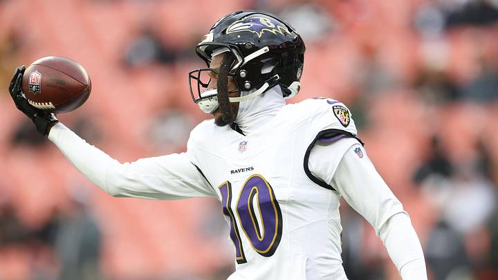 Nov 16, 2025; Cleveland, Ohio, USA; Baltimore Ravens wide receiver Deandre Hopkins (10) warms up before a game against the Cleveland Browns at Huntington Bank Field. Mandatory Credit: Scott Galvin-Imagn Images