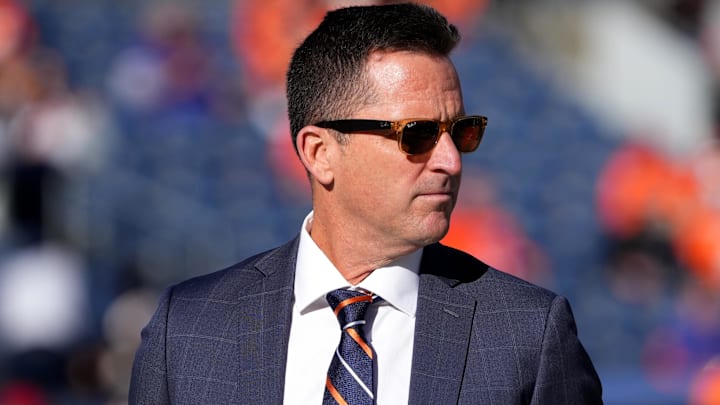 Dec 19, 2021; Denver, Colorado, USA; Denver Broncos general manager George Paton before the game against the Cincinnati Bengals at Empower Field at Mile High. Dec 19, 2021; Denver, Colorado, USA; Denver Broncos general manager George Paton before the game against the Cincinnati Bengals at Empower Field at Mile High.