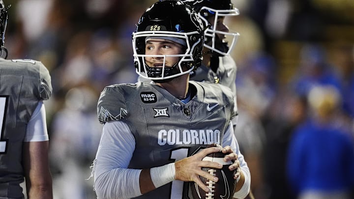 Sep 27, 2025; Boulder, Colorado, USA; Colorado Buffaloes quarterback Ryan Staub (16) before the game against the Brigham Young Cougars at Folsom Field. Mandatory Credit: Ron Chenoy-Imagn Images