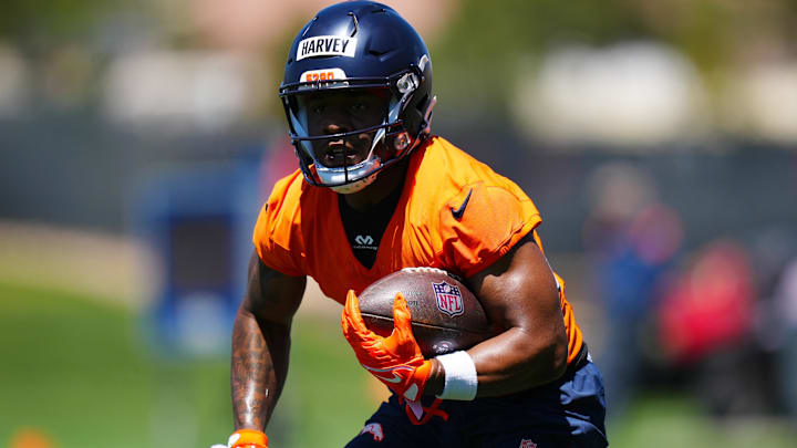 May 10, 2025; Englewood, CO, USA; Denver Broncos running back RJ Harvey (37) during rookie minicamp at Broncos Park Powered by CommonSpirit. Mandatory Credit: Ron Chenoy-Imagn Images