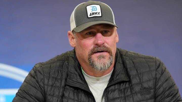 Feb 24, 2026; Indianapolis, IN, USA; Detroit Lions coach Dan Campbell speaks at the NFL Scouting Combine at the Indiana Convention Center.