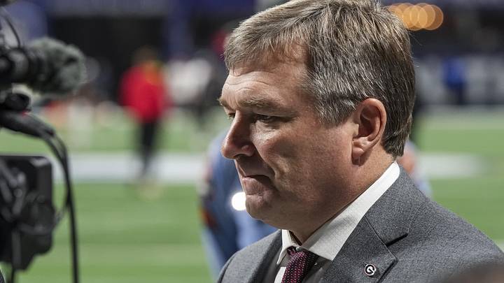 Dec 6, 2025; Atlanta, GA, USA; Georgia Bulldogs head coach Kirby Smart is interviewed on the field prior to the game against the Alabama Crimson Tide during the 2025 SEC Championship game at Mercedes-Benz Stadium. Mandatory Credit: Dale Zanine-Imagn Images