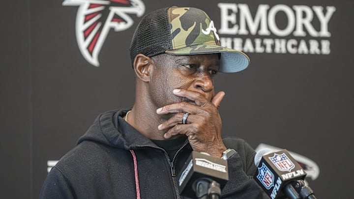 Atlanta Falcons head coach Raheem Morris answers media questions before practice at Children's Healthcare of Atlanta Training Ground.