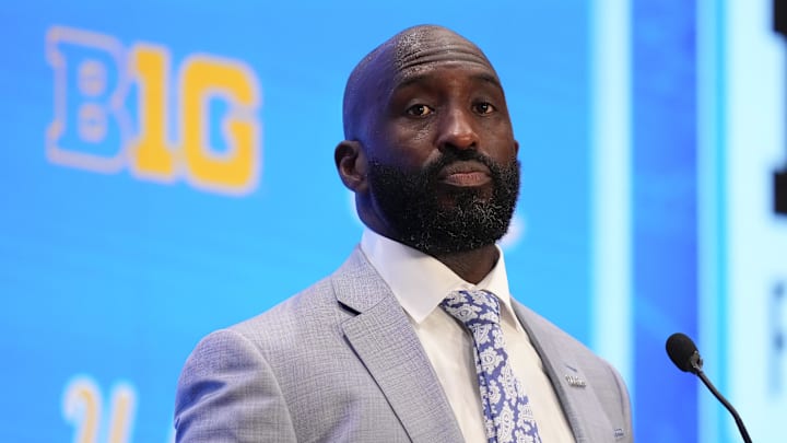 Jul 24, 2025; Las Vegas, NV, USA; UCLA head coach DeShaun Foster speaks to the media during the Big Ten NCAA college football media days at Mandalay Bay Resort. Mandatory Credit: Lucas Peltier-Imagn Images