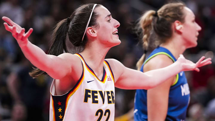 Sept. 6, 2024; Indianapolis, Indiana, USA; Indiana Fever guard Caitlin Clark (22) reacts to a call Friday, Sept. 6, 2024, during a game between the Indiana Fever and the Minnesota Lynx at Gainbride Fieldhouse in Indianapolis. Sept. 6, 2024; Indianapolis, Indiana, USA; Indiana Fever guard Caitlin Clark (22) reacts to a call Friday, Sept. 6, 2024, during a game between the Indiana Fever and the Minnesota Lynx at Gainbride Fieldhouse in Indianapolis.