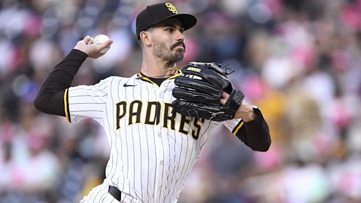 Aug 22, 2024; San Diego, California, USA; San Diego Padres starting pitcher Dylan Cease (84) pitches against the New York Mets during the first inning at Petco Park. Mandatory Credit: Orlando Ramirez-Imagn Images