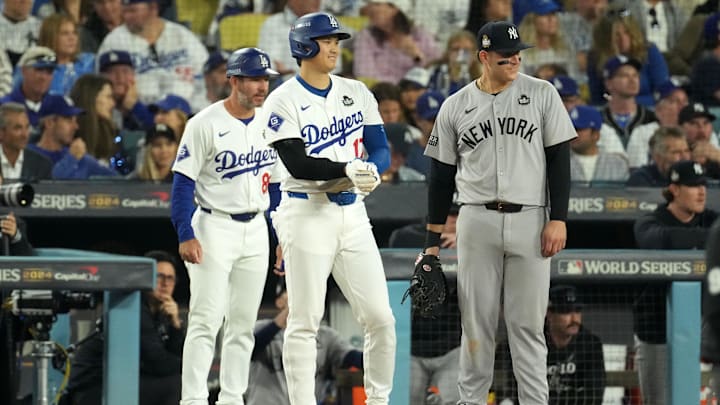 Oct 26, 2024; Los Angeles, California, USA; Los Angeles Dodgers designated hitter Shohei Ohtani (17) reacts on first base against the New York Yankees in the seventh inning for game two of the 2024 MLB World Series at Dodger Stadium. Mandatory Credit: Kirby Lee-Imagn Images