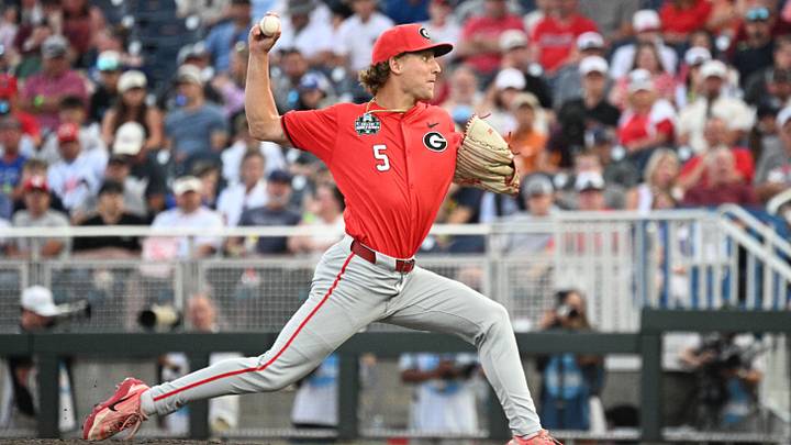 Jun 16, 2026; Omaha, NE, USA;  Georgia Bulldogs pitcher Justin Byrd (5) throws against the Texas Longhorns during the fifth inning at Charles Schwab Field. Mandatory Credit: Steven Branscombe-Imagn Images