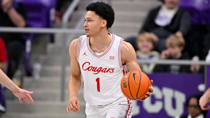Jan 28, 2026; Fort Worth, Texas, USA; Houston Cougars guard Isiah Harwell (1) controls the ball during the game at Ed and Rae Schollmaier Arena. Mandatory Credit: Jerome Miron-Imagn Images