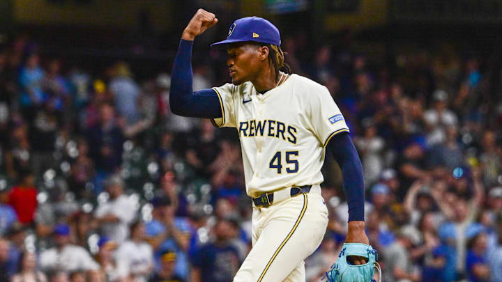 Jun 24, 2025; Milwaukee, Wisconsin, USA;  Milwaukee Brewers pitcher Abner Uribe (45) reacts after beating the Pittsburgh Pirates at American Family Field. Mandatory Credit: Benny Sieu-Imagn Images