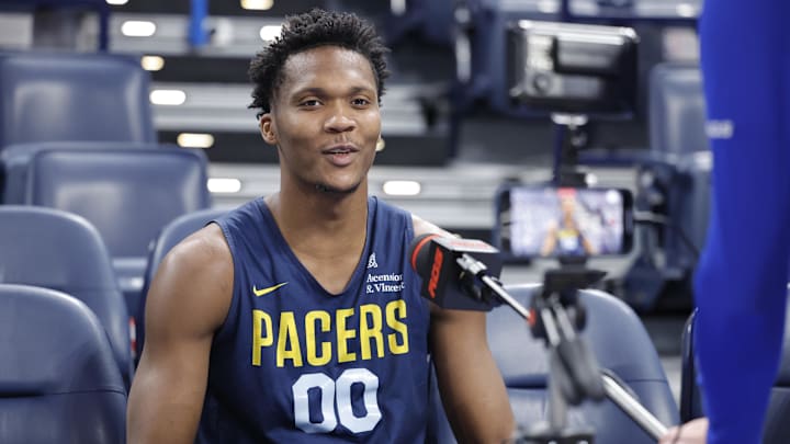 Jun 4, 2025; Oklahoma City, OK, USA; Indiana Pacers guard Bennedict Mathurin (00) during NBA Finals Media Day at Paycom Center. Mandatory Credit: Alonzo Adams-Imagn Images
