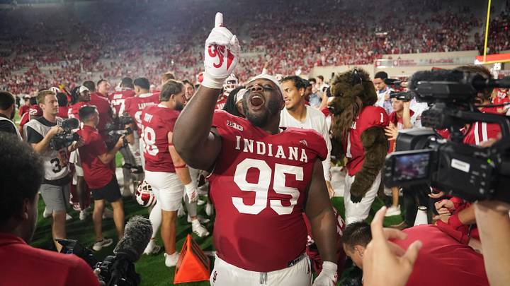 Sep 20, 2025; Bloomington, Indiana, USA; Indiana Hoosiers defensive lineman Tyrique Tucker (95) celebrates after defeating the Illinois Fighting Illini at Memorial Stadium. Mandatory Credit: Robert Goddin-Imagn Images