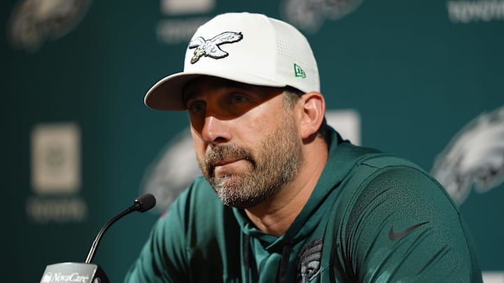 Jun 10, 2025; Philadelphia, PA, USA; Philadelphia Eagles head coach Nick Sirianni addresses media during a press conference at NovaCare Complex. Mandatory Credit: Kyle Ross-Imagn Images