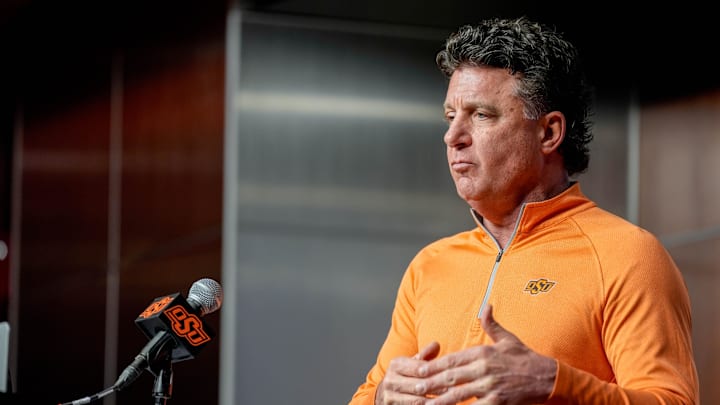 Oklahoma State head football coach Mike Gundy speaks during a press conference at Boone Pickens Stadium in Stillwater Okla., on Thursday, Jan. 23, 2025. Oklahoma State head football coach Mike Gundy speaks during a press conference at Boone Pickens Stadium in Stillwater Okla., on Thursday, Jan. 23, 2025.