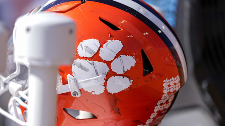 Oct 12, 2024; Winston-Salem, North Carolina, USA; A battle scarred Clemson Tigers helmet during the second half against the Wake Forest Demon Deacons at Allegacy Federal Credit Union Stadium. Mandatory Credit: Jim Dedmon-Imagn Images