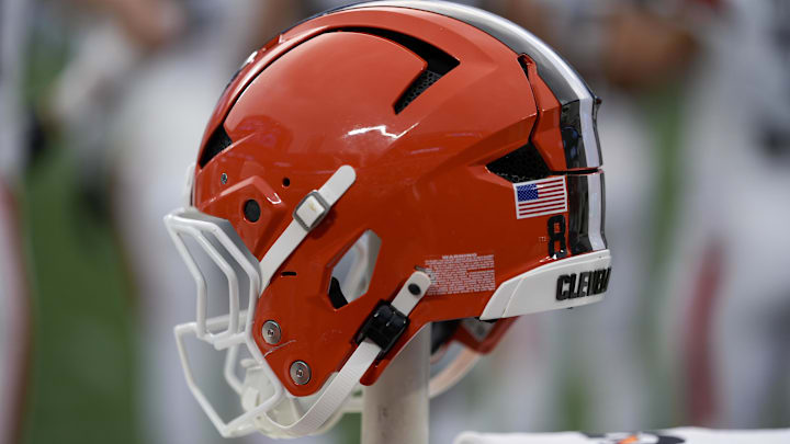 Aug 8, 2025; Charlotte, North Carolina, USA; Cleveland Browns helmet during the first quarter against the Carolina Panthers at Bank of America Stadium. Mandatory Credit: Jim Dedmon-Imagn Images