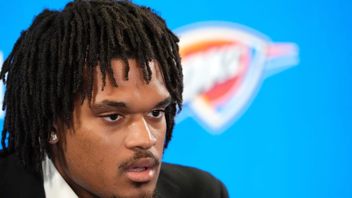 Dillon Jones speaks during an introductory press conference for the 2024 Thunder draft picks at Oklahoma Contemporary Arts Center in Oklahoma City, Saturday, June, 29, 2024. Dillon Jones speaks during an introductory press conference for the 2024 Thunder draft picks at Oklahoma Contemporary Arts Center in Oklahoma City, Saturday, June, 29, 2024.