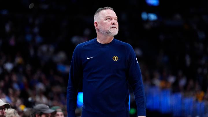 Mar 28, 2025; Denver, Colorado, USA; Denver Nuggets head coach Michael Malone during the second quarter against the Utah Jazz at Ball Arena. Mandatory Credit: Ron Chenoy-Imagn Images