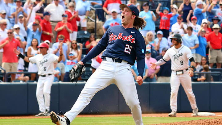 May 31, 2025; Oxford, MS, USA; Mississippi Rebels starting pitcher Hunter Elliott (26) reacts after a strike out to end the sixth inning against the Western Kentucky Hilltoppers. Mandatory Credit: Petre Thomas-Imagn Images