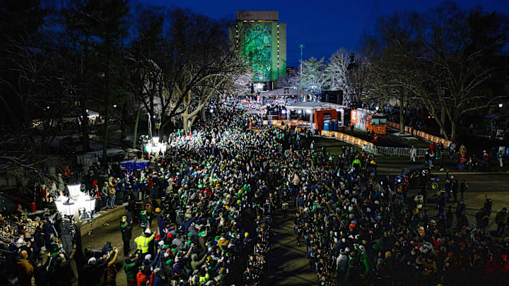 Notre Dame walks into the stadium before the first round of the College Football Playoff between Notre Dame and Indiana on Dec. 20, 2024, in South Bend.